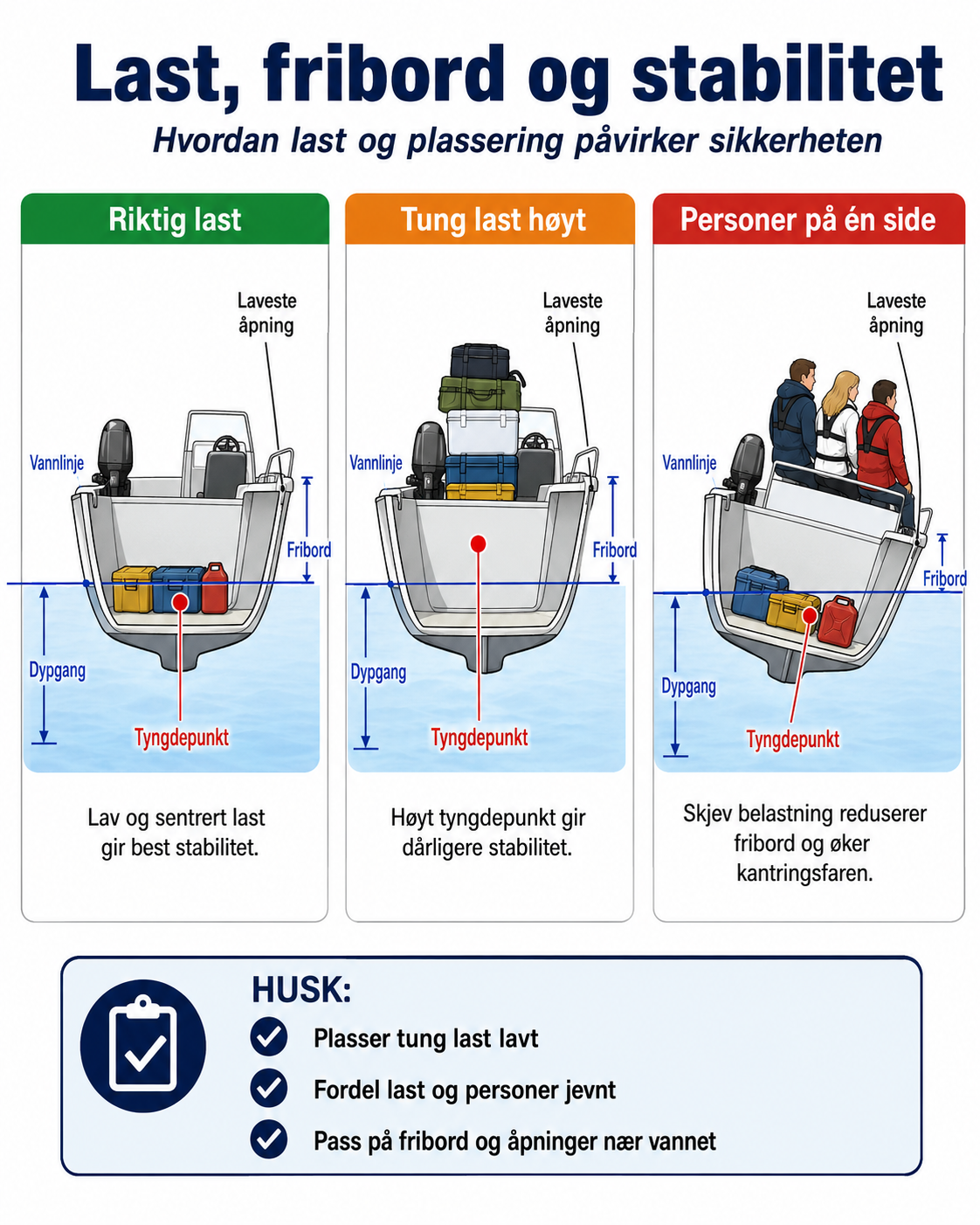 Tre båtsnitt som viser hvordan høy eller skjev last reduserer fribord og stabilitet