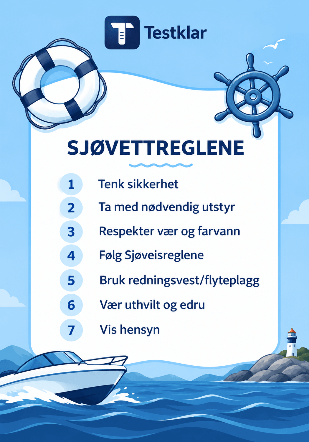 Plakat med sjøvettreglene: 1 Tenk sikkerhet, 2 Ta med nødvendig utstyr, 3 Respekter vær og farvann, 4 Følg sjøveisreglene, 5 Bruk redningsvest eller flyteplagg, 6 Vær uthvilt og edru, 7 Vis hensyn